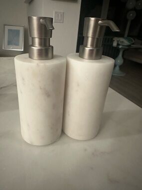 Threshold White Marble Lotion & Soap Dispenser Duo with Brushed Metal Pumps